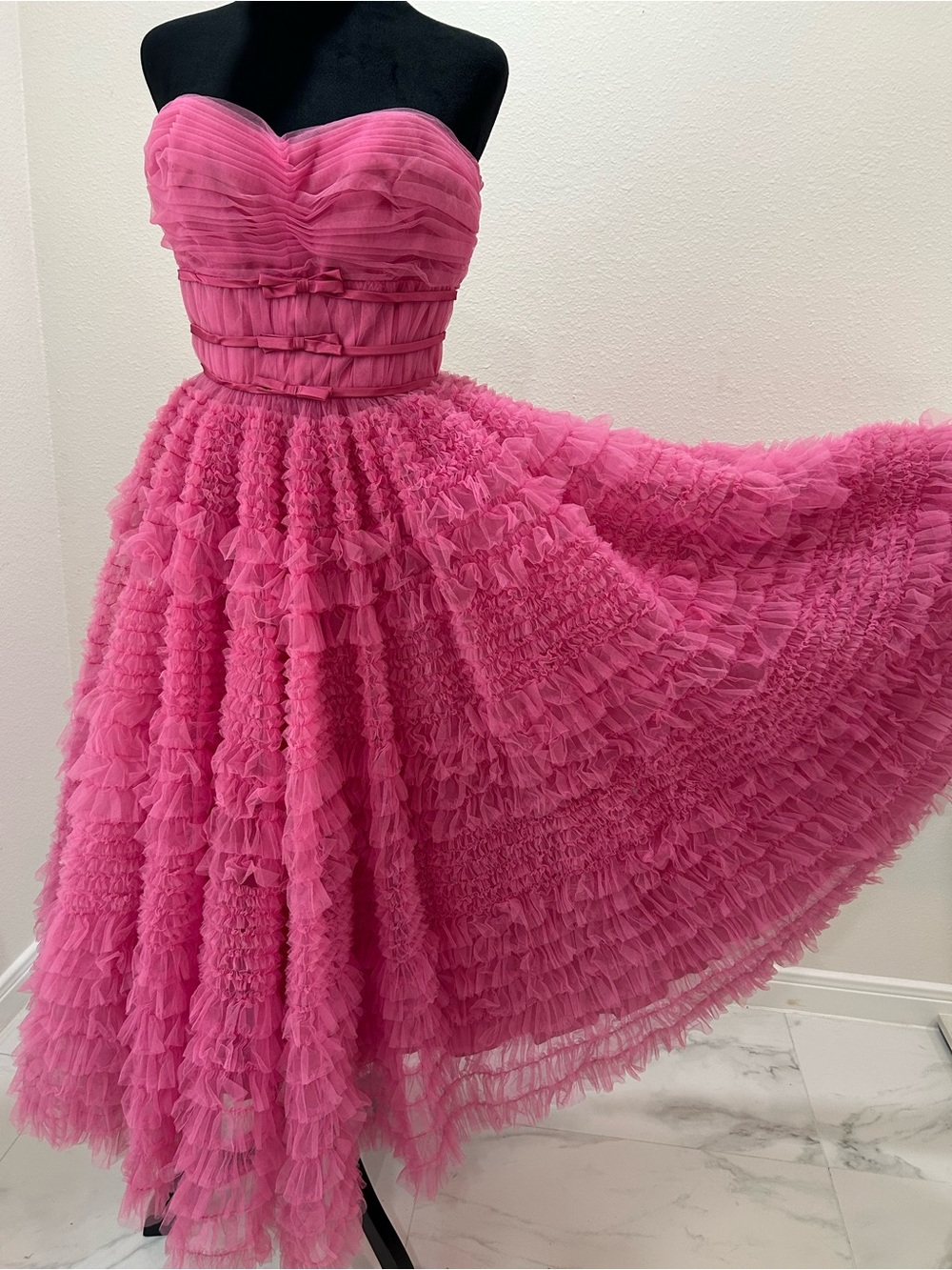 Clifton Wilhite Vintage 1960’s Pink Ruffled Tulle Strapless Midi Dress - Picture 8 of 11